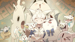  <o>_<o> 1girl :3 absurdres ahoge animal_ear_fluff animal_ear_piercing animal_ears birthday_cake blue_bow bow breasts cake character_request closed_eyes cocomayo29_(tomato) commentary_request earrings flower food fox_ears fox_girl fox_tail fubuchun fubuzilla_(shirakami_fubuki) hair_between_eyes highres hololive hug jewelry korean_commentary large_breasts miteiru_(shirakami_fubuki) nejima_kitsune_(shirakami_fubuki) official_alternate_costume open_mouth pentagram shirakami_fubuki shirakami_fubuki_(fbkingdom) single_earring smile sukonbu_(shirakami_fubuki) tail teeth virtual_youtuber white_hair 