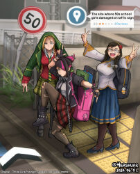  3girls bag blonde_hair cammy_white chinese_clothes chun-li commentary english_commentary english_text full_body glasses han_juri hershuar high_school_girls_posing_for_google_street_view_(meme) looking_at_viewer meme multiple_girls official_alternate_costume outdoors pleated_skirt puffy_short_sleeves puffy_sleeves red_skirt school_bag school_uniform school_uniform_cammy short_sleeves skirt street_fighter street_fighter_v striped_hair twitter_username 