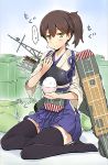  1girl barrel black_legwear blush bowl brown_eyes brown_hair bucket chopsticks eating japanese_clothes kaga_(kantai_collection) kantai_collection looking_at_viewer muneate personification rice short_hair side_ponytail sitting skirt thighhighs yanagi_(tsukiakari) zettai_ryouiki 