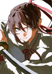  1girl 333takoyaki absurdres brown_eyes brown_hair closed_mouth commentary_request fighting_stance hair_ribbon high_ponytail highres holding holding_sword holding_weapon japanese_clothes jigokuraku katana kimono long_hair neck_ribbon ponytail red_ribbon ribbon simple_background solo sword upper_body v-shaped_eyebrows weapon white_background white_kimono yamada_asaemon_sagiri 
