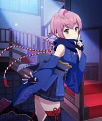  1girl ahoge asymmetrical_legwear bare_shoulders black_gloves black_socks black_thighhighs blue_kimono blue_sash blue_scarf blush dappled_moonlight finger_to_mouth fingerless_gloves from_side game_cg gloves green_eyes hand_up high_heels index_finger_raised indoors japanese_clothes kimono kneehighs looking_at_viewer looking_to_the_side moonlight nagasaki_sumi night ninja obi official_art purple_hair purple_shoes railing rope sash scarf shimenawa shoes short_hair shushing single_kneehigh single_sock single_thighhigh sleeveless sleeveless_kimono socks solo stairs standing standing_on_one_leg thigh-highs third-party_source toji_no_miko toji_no_miko:_kizamishi_issen_no_tomoshibi window zettai_ryouiki 