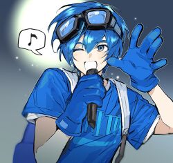  1boy backpack bag blue_eyes blue_hair buckto gloves goggles goggles_on_head hand_up kaito_(vocaloid) looking_to_the_side male_focus musical_note one_eye_closed open_mouth shirt short_hair short_sleeves smile solo spoken_musical_note t-shirt upper_body vocaloid 