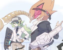  2boys annoyed baseball_cap battle black-framed_eyewear black_hat black_jacket black_shirt blue-tinted_eyewear bracelet brown_pants clenched_hand closed_eyes commentary crossover dress_shirt duel_disk english_commentary facing_another facing_to_the_side fur-trimmed_jacket fur_trim gloating gold_bracelet hair_slicked_back hand_in_pocket hand_on_own_hip hat jacket jewelry joints long_sidelocks looking_at_another low_ponytail male_focus multiple_boys n_(pokemon) nuumigranate open_mouth orange_hair outdoors outstretched_arm pants partially_unbuttoned pokemon pokemon_bw ponytail railing red-tinted_eyewear robot_joints scouter shirt shirt_under_shirt sidelocks sleeves_rolled_up spiky_hair squinting tinted_eyewear vector_(yu-gi-oh!) white_background white_shirt wind yu-gi-oh! yu-gi-oh!_zexal 