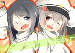 2girls admiral_(kantai_collection) black_eyes black_hair character_request collaboration fang female_admiral_(kantai_collection) grey_hair hat kantai_collection katori_(quietude) multiple_girls nu-nyu open_mouth original short_hair smile violet_eyes wink young 