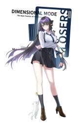  1girl absurdres animal_on_shoulder bag belt black_belt black_bow black_hair black_socks block_heels blue_bag blue_necktie blush bow breasts brown_shoes bug butterfly buttons cat cat_on_shoulder closers collared_shirt crossed_arms diagonal-striped_clothes diagonal-striped_necktie double-breasted english_text foxtail full_body furrowed_brow hair_bow high-waist_skirt highres holding holding_plant in_bag in_container kneehighs large_breasts legs_apart long_hair long_sleeves looking_at_viewer miniskirt necktie plant pointy_ears school_bag shirt shoes skirt socks solo standing striped_clothes suspender_skirt suspenders sweat triss_(closers) very_long_hair violet_eyes wallet_chain white_background white_cat white_shirt yellow_butterfly 