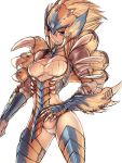  1girl animal_ears armor blonde_hair blue_eyes breasts claws fang fumio_(rsqkr) gauntlet humio monster_hunter open_mouth simple_background solo thigh-highs tigrex underwear 