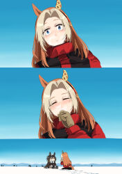  2girls absurdres animal_ears black_hair black_pants brown_gloves brown_hair closed_eyes commentary_request ear_covers ear_ornament footprints fur-trimmed_jacket fur_trim gloves highres horse_ears horse_girl horse_tail jacket long_hair multicolored_hair multiple_girls open_mouth oriental_art_(racehorse) pants rakugosha_(straggler_house) red_jacket sitting snow stay_gold_(umamusume) streaked_hair tail umamusume wariza white_hair 