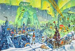  1boy absurdres aurora boots bridge casino christmas commentary_request fire grandia grandia:_parallel_trippers highres hotel koichi_noda official_art red_boots reindeer sleigh snowing snowman telescope tree 