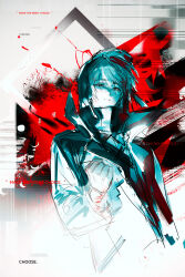  1boy absurdres arknights buttons clenched_hand closed_mouth color_contrast commentary cropped doctor_(arknights) double-parted_bangs english_commentary english_text floating_clothes floating_hair gloves hair_between_eyes hand_up high_collar highres hood hood_up jacket lapels light_frown limited_palette long_sleeves looking_at_viewer male_doctor_(arknights) male_focus open_clothes open_jacket short_hair solo splatter upper_body yomi_tamashi 