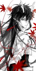  1boy closed_mouth cowboy_shot cropped_jacket dan_heng_(honkai:_star_rail) dan_heng_(imbibitor_lunae)_(honkai:_star_rail) dragon_boy dragon_horns e666lofter4 eastern_dragon_horns floating_hair hashtag-only_commentary highres honkai:_star_rail honkai_(series) horns leaf long_hair looking_back male_focus maple_leaf official_alternate_costume pants pointy_ears polearm shirt simple_background smile solo very_long_hair weapon white_background 