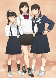  1girl age_progression ankle_socks asian black_hair black_shoes black_socks blazer blunt_bangs blurry blurry_background blush bob_cut bow bowtie collared_shirt dress grin hasegawa_kana highres jacket looking_at_viewer mole mole_under_mouth name_tag neckerchief orange_background original pleated_skirt ponytail red_bow red_bowtie sailor_dress school_uniform shadow shinchou_ni_kansuru_kousatsu shirt shoes short_hair simple_background skirt smile sneakers socks standing twintails vest white_neckerchief white_shirt white_shoes white_socks white_vest 