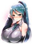  1girl anaumenondai aqua_hair bare_shoulders between_breasts blush breasts bust detached_sleeves green_eyes hand_on_headphones hatsune_miku headphones huge_breasts jpeg_artifacts necktie necktie_between_breasts ponytail solo vocaloid 