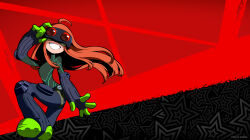  1girl adjusting_goggles ahoge atlus belt black_background black_bodysuit black_gloves bodysuit commentary copyright_name elbow_gloves english_commentary floating_hair gloves goggles goggles_on_head green_gloves green_shoes green_trim highres knee_pads long_hair multicolored_gloves official_art oracle_(persona_5) orange_hair oribe_hanako persona persona_5 persona_5_tactica red_background sakura_futaba second-party_source shoes smile solo star_(symbol) star_symbol_background teeth 