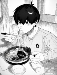  1boy absurdres artist_name blue_lock bowl chopsticks commentary commission eating egg_(food) food greyscale highres holding holding_chopsticks holding_with_chopsticks isagi_yoichi long_sleeves male_focus monochrome noodles pasta ramen rrck short_hair sitting solo symbol-only_commentary table 