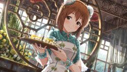  1girl blush brown_eyes brown_hair bun_cover chinese_clothes closed_mouth commentary_request day double_bun dress flower game_cg hagiwara_yukiho hair_bun holding holding_tray idolmaster idolmaster_(classic) idolmaster_million_live! idolmaster_million_live!_theater_days indoors looking_at_viewer official_alternate_costume official_art short_hair short_sleeves smile solo tea third-party_source tray upper_body waitress white_flower wrist_cuffs 