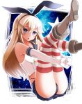  1girl black_panties blonde_hair blush boots elbow_gloves gloves hairband kantai_collection long_hair looking_at_viewer panties personification shimakaze_(kantai_collection) sis skirt solo star striped striped_legwear thighhighs underwear violet_eyes 