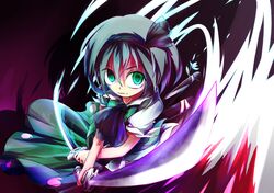  1girl dual_wielding green_eyes hair_ribbon katana konpaku_youmu nekome_(zelmeledf2) ribbon silver_hair solo sword touhou weapon 