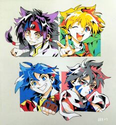  4boys :d bakuten_shoot_beyblade bandaged_arm bandages bare_shoulders beyblade blonde_hair blue_eyes blush brown_overalls chinese_clothes clenched_hand column_lineup commentary_request curtained_hair facial_mark fangs fingerless_gloves freckles frown gloves gold_trim green_shirt grey_background grey_hair grid_lineup grin hair_between_eyes hair_tubes hat headband highres hiwatari_kai incoming_fist_bump jacket kinomiya_takao kon_rei looking_at_viewer low_twintails mandarin_collar mizuhara_max multicolored_hair multiple_boys one_eye_closed open_clothes open_jacket open_mouth outstretched_arm overalls parted_bangs purple_hair purple_shirt reaching reaching_towards_viewer red_eyes red_headband red_jacket round_teeth ruchi_(nxje5533) sanpaku scarf shirt sidelocks signature skin_fangs slit_pupils smile spiky_hair teeth thick_eyebrows twintails two-tone_hair upper_teeth_only w white_scarf yellow_eyes yellow_shirt yin_yang 