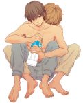  2boys barefoot bottle brown_eyes brown_hair hug hug_from_behind memeck multiple_boys original pocari_sweat shirtless sweat yaoi 