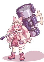 1girl :d absurdres boots clenched_hand commentary_request crown fang full_body hammer highres holding holding_hammer long_hair personification pink_boots pink_hair pink_shirt pink_shorts pokemon shirt shorts simple_background skin_fang smile standing tinkaton twintails very_long_hair violet_eyes yokomiya4538