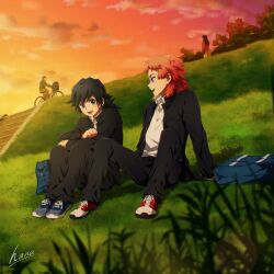  2boys bag black_hair black_jacket black_pants blue_eyes blue_shoes commentary_request hana_ni_nare highres jacket kimetsu_no_yaiba long_hair male_focus multicolored_shoes multiple_boys on_grass open_mouth pants red_hair red_shoes sabito_(kimetsu) school_uniform shoes shoulder_bag smile sneakers tomioka_giyuu white_shoes 