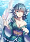  1girl bare_shoulders blue_eyes blue_hair breasts cheungchz cleavage collarbone dolphin fang fish floral_print head_fins heart japanese_clothes kimono large_breasts long_sleeves looking_at_viewer mermaid monster_girl obi off_shoulder open_mouth smile solo touhou underwater wakasagihime wide_sleeves wink 
