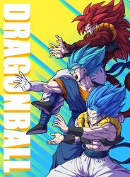  3boys abs absurdres black_vest blue_background blue_eyes blue_hair blue_sash blue_shirt body_fur brown_fur brown_tail commentary_request copyright_name dragon_ball dragon_ball_gt dragon_ball_super dragon_ball_super_broly earrings gloves gogeta group_picture highres horang4628 jewelry kamehameha_(dragon_ball) korean_commentary long_hair medium_hair monkey_tail multiple_boys muscular muscular_male no_shirt orange_shirt pants potara_earrings red_hair sash shirt spiky_hair super_saiyan super_saiyan_4 super_saiyan_blue tail trait_connection vegetto vest white_gloves white_pants yellow_background 