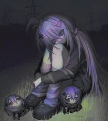 1girl absurdres antenna_hair black_boots black_shirt boots character_doll closed_mouth commentary cross_hair_ornament doll full_body grass grey_sky hair_between_eyes hair_ornament head_rest highres hugging_own_legs leg_warmers long_bangs long_hair long_sleeves looking_down mdm4 night on_grass original outdoors purple_leg_warmers shirt sitting sky smile solo symbol-only_commentary 