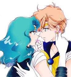  2girls aqua_hair bishoujo_senshi_sailor_moon blonde_hair blue_eyes blue_sailor_collar bow circlet commentary_request corrupted_twitter_file dated earrings gloves heart highres jewelry kaiou_michiru kamui1201 multiple_girls sailor_collar sailor_neptune sailor_senshi_uniform sailor_uranus shirt short_hair signature smile ten'ou_haruka white_gloves white_shirt yellow_bow yuri 