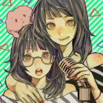  2girls arm_around_neck bangle bare_shoulders black_hair bracelet creature eyelashes glasses grin highres honenoumi hug hug_from_behind jewelry long_hair microphone multiple_girls nail_polish nose open_mouth original red_nails smile star star-shaped_pupils symbol-shaped_pupils 