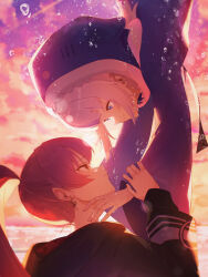  2girls animal_hood black_jacket blue_eyes blue_hoodie blue_streaks closed_mouth gawr_gura gawr_gura_(1st_costume) grey_hair highres hololive hololive_english hood hoodie houshou_marine houshou_marine_(summer) jacket looking_at_another mocchan_(mo_chan0225) multicolored_hair multiple_girls official_alternate_costume ponytail red_hair shark_hood smile streaked_hair virtual_youtuber yellow_eyes 