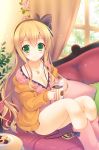 1girl blonde_hair bow breasts cleavage cookie couch cup digital_media_player dress food green_eyes hair_bow highres hot_chocolate jacket jewelry legs mitsu_king mug necklace original pillow sitting tagme 