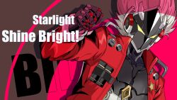  1boy arm_up billy_kid commentary_request english_commentary grey_hair highres humanoid_robot jacket kurimako long_sleeves looking_at_viewer male_focus mixed-language_commentary open_clothes open_jacket red_jacket robot short_hair solo upper_body zenless_zone_zero 