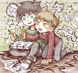  2boys :d aged_down all_fours animification antenna_hair bacon blush brown_hair car cat child city_bun commentary drawing_(action) drawing_(object) drawstring earth_(planet) edd_(eddsworld) eddsworld english_commentary fang flipped_hair food fork green_eyes green_shirt green_shoes grey_pants hair_behind_ear hair_ears happy highres holding holding_pencil hood hood_down hoodie knife lined_paper long_sleeves male_focus motor_vehicle multiple_boys notepad open_mouth pants paper pencil planet red_hoodie ringo_(eddsworld) shirt shoes short_hair sitting smile sneakers swept_bangs tord_(eddsworld) yellow_eyes 