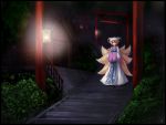  1girl blonde_hair darkness dress fox_tail hands_in_sleeves hat hat_with_ears highres lantern liya long_sleeves multiple_tails night red_eyes shrine solo stairs tabard tail torii touhou white_dress wide_sleeves yakumo_ran 