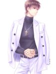  1boy @co alternate_costume brown_eyes brown_hair command_spell cross cross_necklace fate/zero fate_(series) jacket_on_shoulders jewelry kotomine_kirei necklace solo turtleneck 