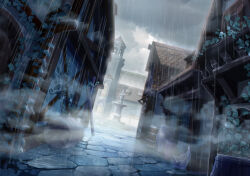  absurdres barrel broken_vase building cobblestone commentary_request fountain highres jongmin no_humans original outdoors plant rain road scenery stone_walkway street town vines 