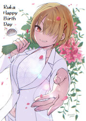  1girl :d alternate_costume backlighting blonde_hair bouquet carrying_over_shoulder character_name commentary_request confetti covered_navel cowboy_shot dutch_angle eyelashes falling_petals fingernails flower grin hair_ornament hair_over_one_eye hairclip hand_up happy_birthday heaven_burns_red highres holding holding_bouquet jewelry kayamori_ruka leaf lens_flare leotard long_bangs long_sleeves looking_at_viewer muratoamado narby_(heaven_burns_red) one_eye_covered outstretched_arm parallel_hairclips party_popper petals pink_flower reaching reaching_towards_viewer red_eyes ring short_hair simple_background smile solo sparkle suit tsurime twitter_username v-shaped_eyebrows wedding_ring white_background white_leotard white_suit 