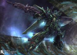  absurdres artist_logo artist_name assault_visor beam_rifle blue_visor blurry blurry_background colony_interior commentary commission crossbone_vanguard dahgi_iris energy_gun english_commentary exhaust full_body gun gundam gundam_f91 highres holding holding_gun holding_shield holding_weapon logo mecha mecha_focus mobile_suit no_humans outstretched_arm porukima robot science_fiction shield solo thrusters weapon 