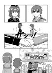  4girls 4koma arm_around_shoulder cafe christiane_barkhorn comic garrison_cap gertrud_barkhorn girls_und_panzer hat heart highres keygift long_hair looking_at_another monochrome multiple_girls nishizumi_maho nishizumi_miho short_hair siblings sign sisters strike_witches translated twintails uniform 