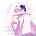  1boy 1girl bare_shoulders blue_hair bowtie bridal_veil bride carrying closed_eyes couple dress gloves hetero highres husband_and_wife jewelry mosako multicolored_hair nia_teppelin princess_carry ring simon smile tengen_toppa_gurren_lagann tuxedo two-tone_hair veil wedding_dress 