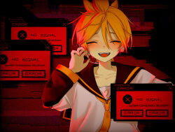  1boy adjusting_headset bass_clef black_sailor_collar blonde_hair closed_eyes commentary_request english_text error_message hair_between_eyes headset kagamine_len male_focus myang_(_0_0_o_o_) nail_polish neckerchief open_mouth red_theme sailor_collar shirt solo vocaloid white_shirt window_(computing) yellow_neckerchief 