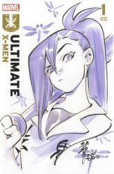  1girl 2025 bug copyright_logo copyright_name cover_sketch dragonfly highres holding holding_weapon kanon_sainouchi logo long_hair looking_at_viewer looking_to_the_side marvel peach_momoko ponytail psylocke purple_hair purple_theme shinai sketch solo spiky_hair spot_color sword upper_body violet_eyes weapon x-men 