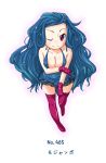  1girl blue_hair breasts character_name cleavage gloves long_hair looking_at_viewer natsumi_akira personification pokemon purple_legwear red_eyes simple_background smile solo tangrowth thighhighs very_long_hair white_background wink 