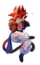  1boy absurdres black_vest blue_eyes blue_sash body_fur brown_fur commentary_request cropped_vest crossed_legs dragon_ball dragon_ball_gt gogeta heart highres invisible_chair long_hair male_focus metamoran_vest monkey_tail muscular muscular_male no_shirt one_eye_closed pants parted_lips red_hair salute sash simple_background sitting smile solo spiky_hair super_saiyan super_saiyan_4 tail two-finger_salute vest white_background white_pants yuuri_(fukuroudou) 