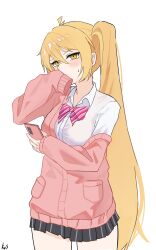  1girl absurdres akita_neru artist_name black_skirt blonde_hair bow bowtie cardigan cellphone chinese_commentary commentary_request covering_own_mouth dress_shirt hair_between_eyes highres holding holding_phone k2s long_hair looking_afar miniskirt phone pink_bow pink_bowtie pink_cardigan school_uniform shirt side_ponytail signature single_off_shoulder skirt smartphone standing sweatdrop triple_ryuunen very_long_hair vocaloid white_background white_shirt yellow_eyes zako_(vocaloid) 
