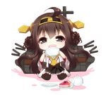  1girl :d ahoge boots brown_hair cake chibi closed_eyes cup detached_sleeves food hair_ornament hairband headgear japanese_clothes kantai_collection kongou_(kantai_collection) long_hair miko open_mouth personification ribbon_trim simple_background skirt smile solo tagme teacup thigh-highs thigh_boots wavy_mouth white_background wide_sleeves zettai_ryouiki 