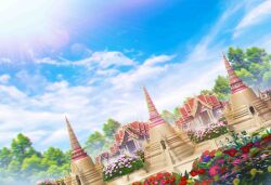  absurdres blue_sky building clouds cloudy_sky commentary_request day flower highres jongmin no_humans original outdoors pink_flower red_flower scenery sky sun temple tree 