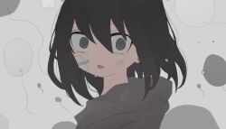  1girl :o animal_ears bandage_on_face bandaged_head bandaged_neck bandages bandaid bandaid_on_cheek bandaid_on_face black_eyes black_hair black_hoodie blood brown_eyes bruise bruise_on_face crying crying_with_eyes_open from_side gauze gauze_on_cheek grey_background grey_eyes grey_hoodie hair_between_eyes highres hood hood_down hoodie injury looking_at_viewer medium_hair nukunuku_nigirimeshi open_mouth original scratches solo teardrop tearing_up tears upper_body wide-eyed 