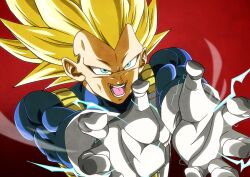  1boy armor blonde_hair blue_bodysuit bodysuit commentary_request dragon_ball dragon_ball_daima electricity final_flash gloves green_eyes highres long_hair muscular muscular_male no_eyebrows open_mouth red_background saiyan_armor shuiro_art skin_tight solo spiky_hair super_saiyan super_saiyan_3 upper_body vegeta white_armor white_gloves 